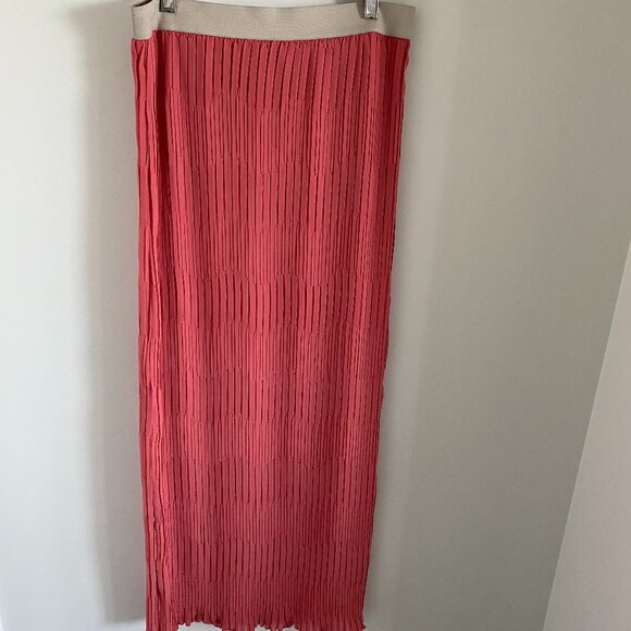 FOR CYNTHIA Pleated Elastic Waist Maxi Skirt Fully Lined Salmon Color Sz L - Picture 1 of 7